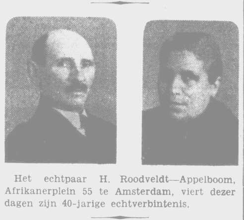 Het Volk dagblad voor de arbeiderspartij  25 februari 1932, ochtend, pag. 3. Echtpaar H. Roodveldt-Appelboom, 40-jarig huwelijksjubileum.