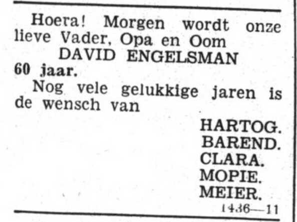 Het Volk dagblad voor de arbeiderspartij  26 januari 1934, avond, pag. 4. David Engelsman 60 jaar.