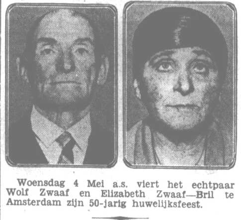Het Volk dagblad voor de arbeiderspartij  28 april 1932, ochtend, pag. 3. Wolf Zwaaf en Elizabeth Zwaaf-Bril 50 jaar getrouwd.
