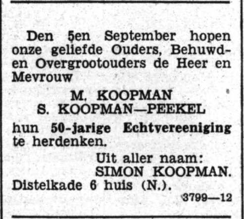 Het Volk dagblad voor de arbeiderspartij 30 augustus 1933, avond, pag. 7. Advertentie 50-jarig huwelijksfeest echtpaar M. Koopman-Peekel.