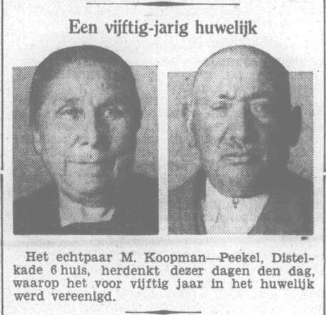 Het Volk dagblad voor de arbeiderspartij  30 augustus 1933, avond, pag. 7. Echtpaar M. Koopman-Peekel 50 jaar getrouwd.