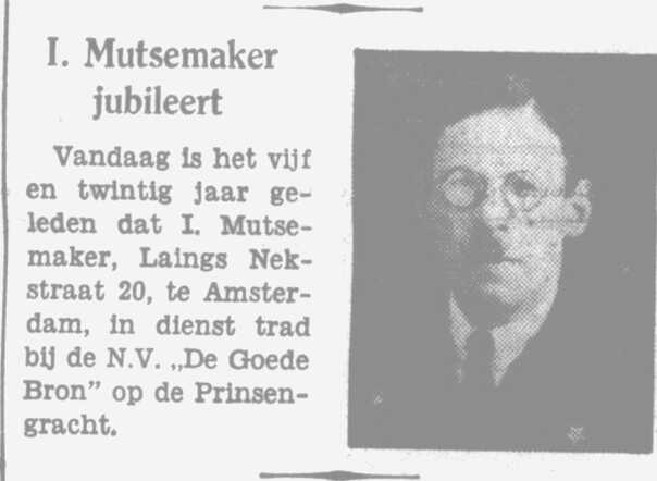 Het Volk dagblad voor de arbeiderspartij, 3 februari 1933, ochtend, pag. 14. 25-jarig jubileum Isaäc Mutsemaker.
