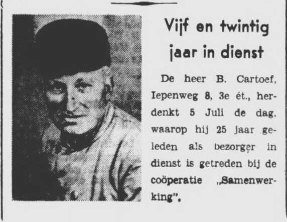 Het Volk dagblad voor de arbeiderspartij  3 juli 1940, avond, pag. 5.  Bension (Bernard) Cartoef 25 jaar in dienst.