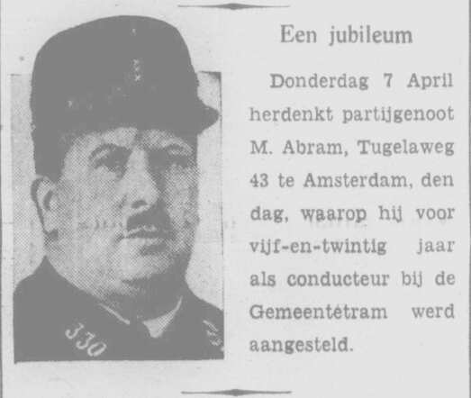 Het Volk dagblad voor de arbeiderspartij  6 april 1932, ochtend, pag. 3. - 25-jarig jubileum Mozes Abram.