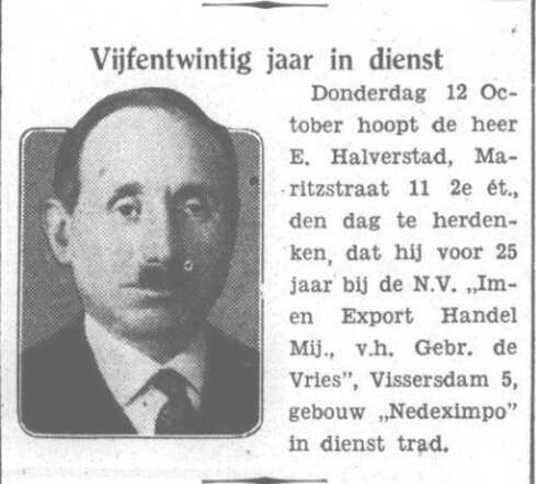 Het Volk dagblad voor de arbeiderspartij  6 oktober 1933, avond, pag. 9. Elias Halverstad 25 jaar in dienst.