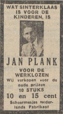 Het volksdagblad dagblad voor Nederland,  27 november 1939, dag, pag. 5. Advertentie Maurits (Maup) Polak alias "Jan Plank".
