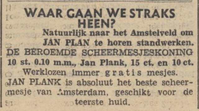 Het volksdagblad dagblad voor Nederland,  5 december 1939, dag. pag. 6. Adv. Maurits (Maup) Polak alias "Jan Plank".