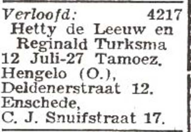 Aankondiging van de verloving van Henriëtte (Hetty) de Leeuw en Reginald Turksma