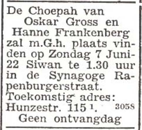Aankondiging van de huwelijksinzegening van Ozyasz (Oskar) Gross en Hanne Frankenberg