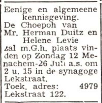Aankondiging van de huwelijksinzegening van Herman Duitz en Helene Levie