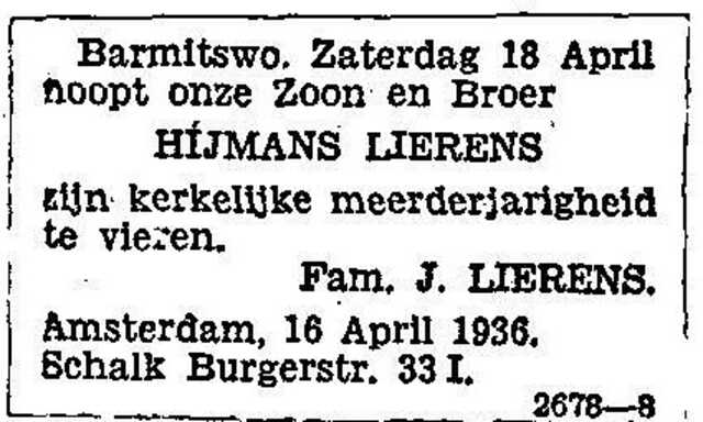 Advertentie in de NIW ter gelegenheid van de BarMitswo van Hijman Lierens.