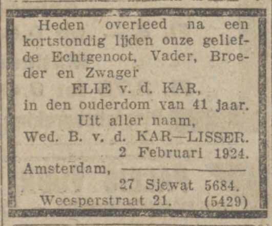 overlijden Hillel vd Kar
