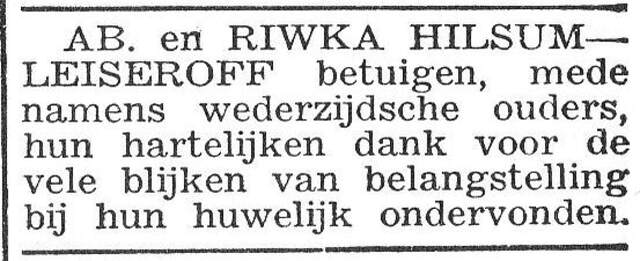 Dankbetuiging van Abraham Hilsum en zijn vrouw Rebecca Hilsum-Leiseroff