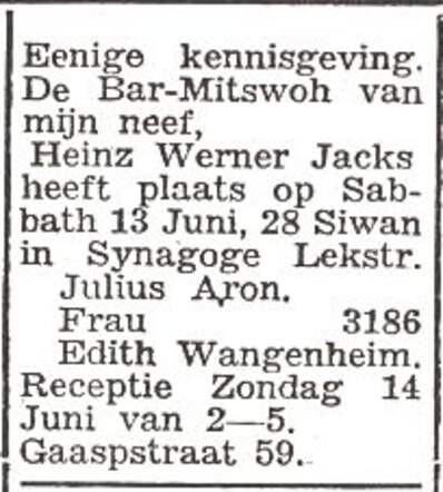 Aankondiging van de bar mitswa van Heinz Werner Jacks