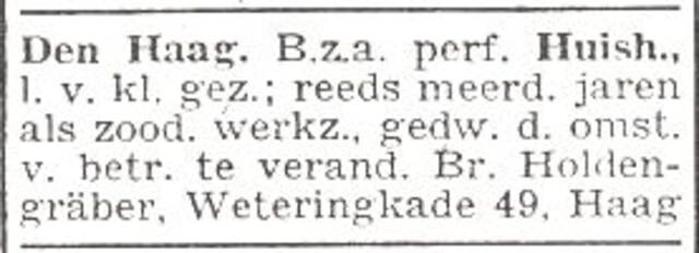 Advertentie van huishoudster Friederike Holdengräber