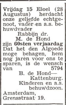Bekendmaking van de viering van de 60ste verjaardag van rabbijn Meyer de Hond