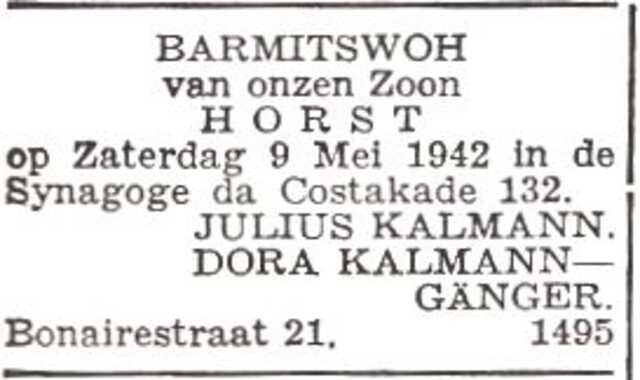 Aankondiging van de bar mitswa van Joachim Horst Kalmann
