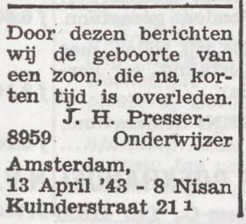 Mededeling van geboorte en overlijden van de zoon van het echtpaar Presser