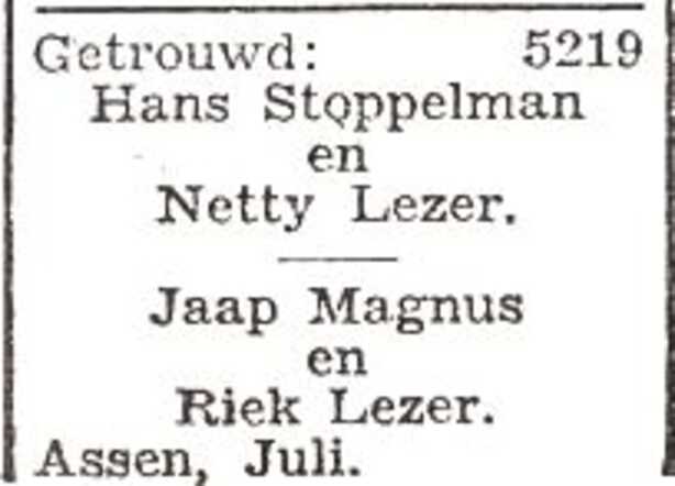 Bekendmaking van het huwelijk van Hans Daniel Stoppelman en Netty Lezer