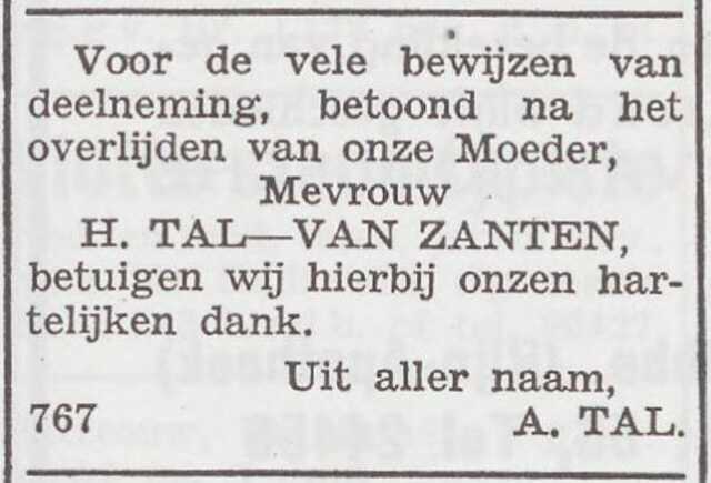 Dankbetuiging van de familie Tal