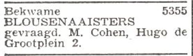 Advertentie van kleermaker Maurits Cohen