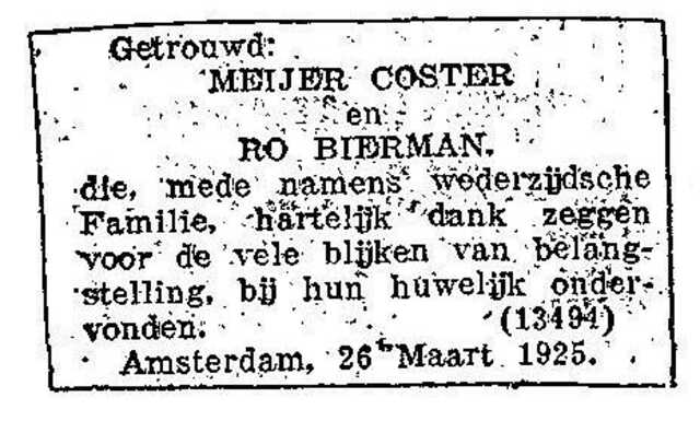 Huwelijksadvertentie van Meijer Coster en Rosette Bierman