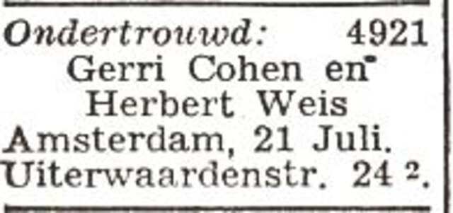 Bekendmaking van ondertrouw van Herbert Weis en Gerri Cohen