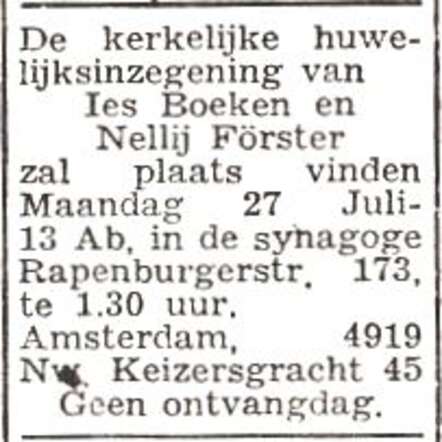 Aankondiging van de huwelijksinzegening van Isaac Boeken en Petronella Förster