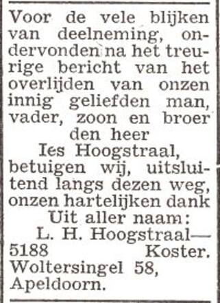 Dankbetuiging namens de familie Hoogstraal