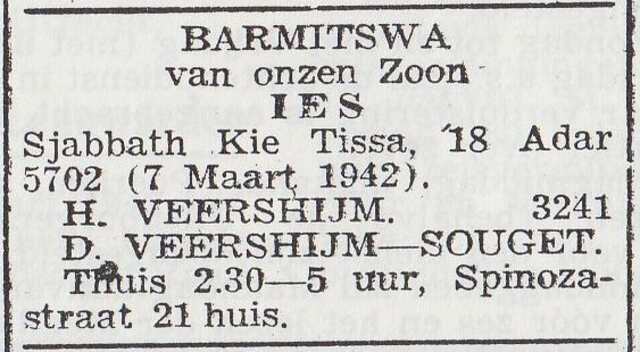 Aankondiging van de bar mitswa van Isaac Jonathan Veershijm