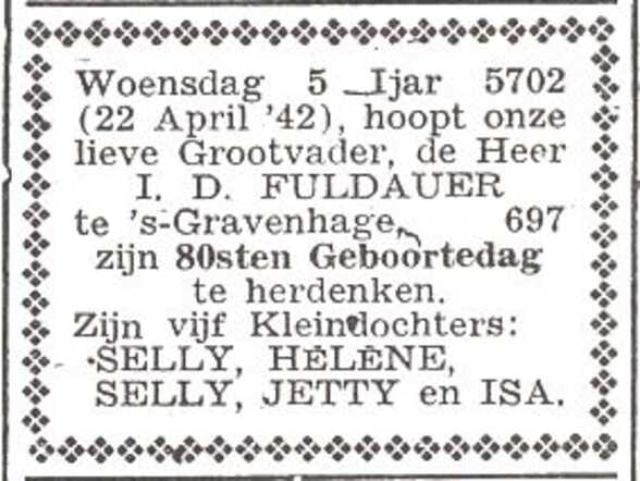 Aankondiging van de viering van de 80ste verjaardag van Isidore Fuldauer