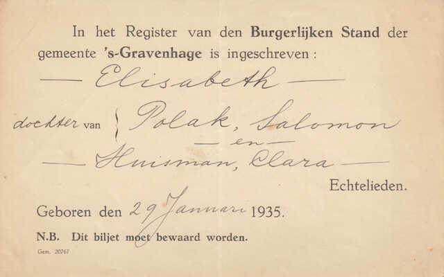 Inschrijving geboorte Elisabeth Polak
