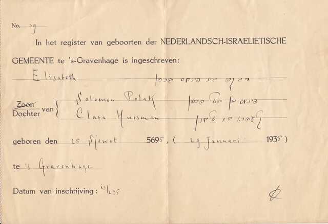 Geboorteregister Elisabeth Polak