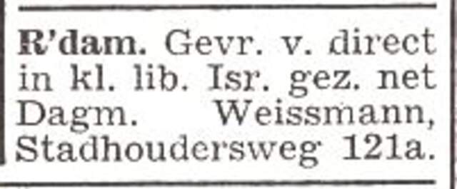 Advertentie van de ouders van Ino Izaak Ferdinand Weissmann