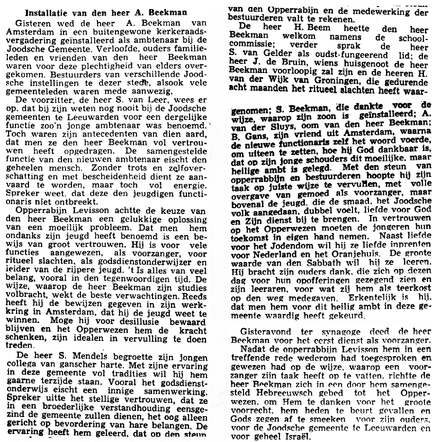 Installatie Aäron Beekman als ambtenaar Joodsche Gemeente Leeuwarden (Bericht in Leeuwarder Courant van 3 mei 1940).
