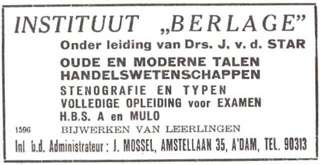 Advertentie van het Instituut 'Berlage', administrateur Jozef Mossel