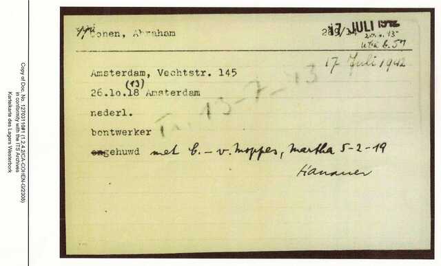 Inventaris kaart Kamp Westerbork van Abraham Cohen geboren 26-10-1918 op transport naar Sobibor op 13-07-1943