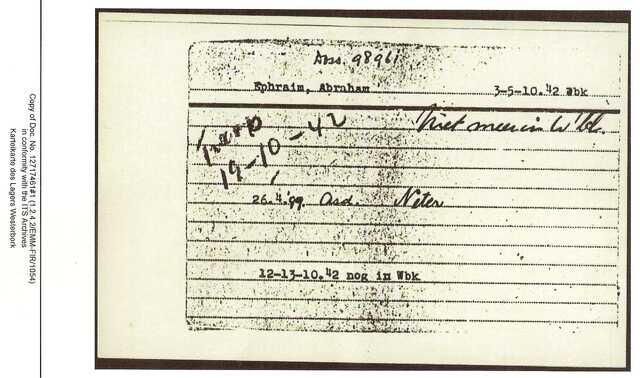 Inventaris kaart Kamp Westerbork van Abraham Ephraim geboren 26-04-1899 op transport naar Auschwitz op 19-10-1942