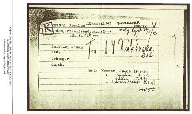 Inventaris kaart Kamp Westerbork van Abraham Kesner geboren 20-12-1921 op transport naar Auschwitz op 14-09-1943