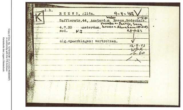 Inventaris kaart Kamp Westerbork van Alida Reens geboren 04-06-1920