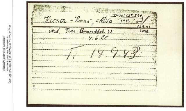 Inventaris kaart Kamp Westerbork van Alida Reens geboren 04-06-1920 op transport naar Auschwitz op 14-09-1943