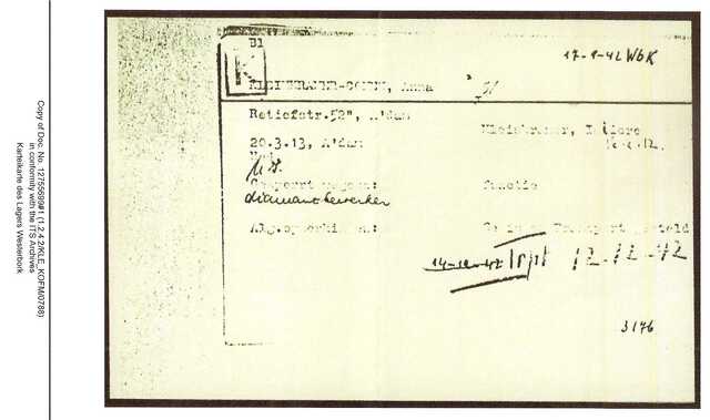 Inventaris kaart Kamp Westerbork van Anna Kleinkramer-Cohen geboren 20-03-1913 op transport naar Auschwitz op 12-12-1942