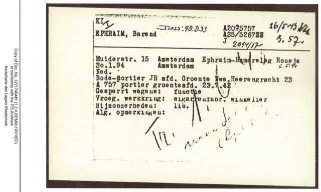 Inventaris kaart Kamp Westerbork van Barend Ephraim geboren 30-01-1894 op transport naar Sobibor 01-06-1943