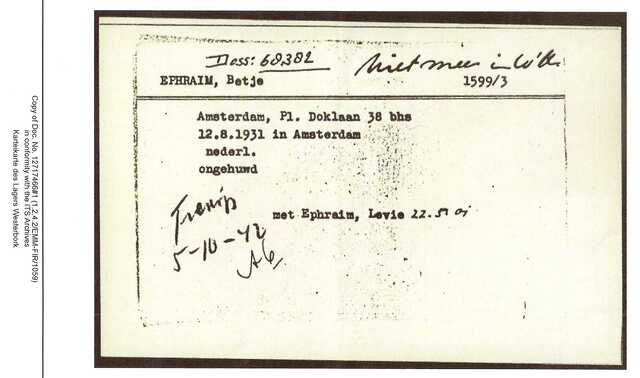 Inventaris kaart Kamp Westerbork van Betje Ephraim geboren 12-08-1931 op transport naar Auschwitz op 05-10-1942