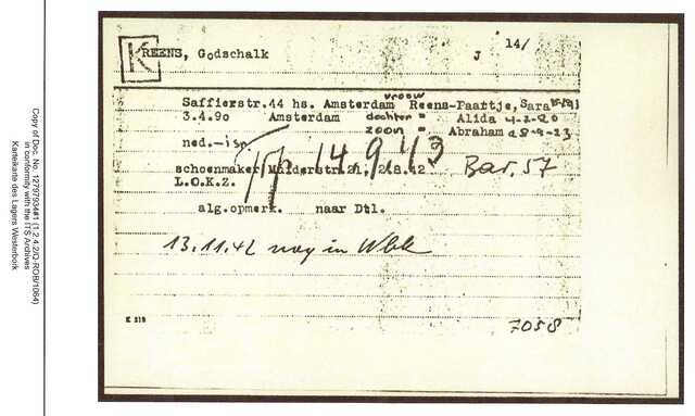 Inventaris kaart Kamp Westerbork van Godschalk Reens geboren 03-04-1890 op transport naar Auschwitz op 14-09-1943