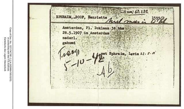 Inventaris kaart Kamp Westerbork van Henriette Ephraim-Doof geb 28-05-1907 op transport naar Auschwitz 05-10-1942