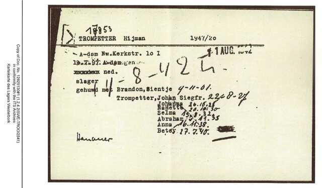 Inventaris kaart Kamp Westerbork van Hijman Trompetter geboren 10-07-1897 op transport naar Auschwitz op 14-08-1942