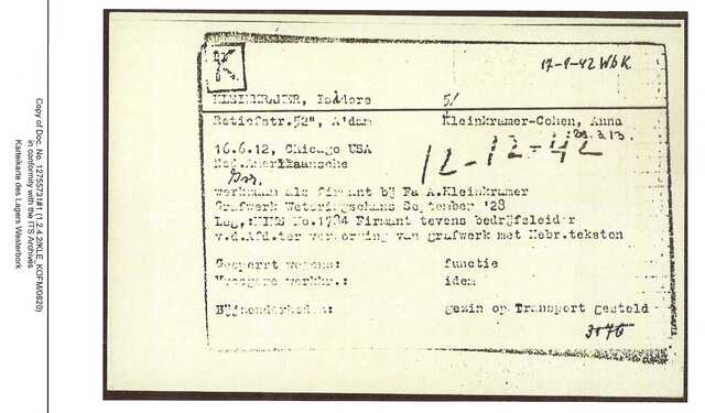 Inventaris kaart Kamp Westerbork van Isadore Kleinkramer geboren 16-06-1912 op transport naar Auschwitz op 12-12-1942