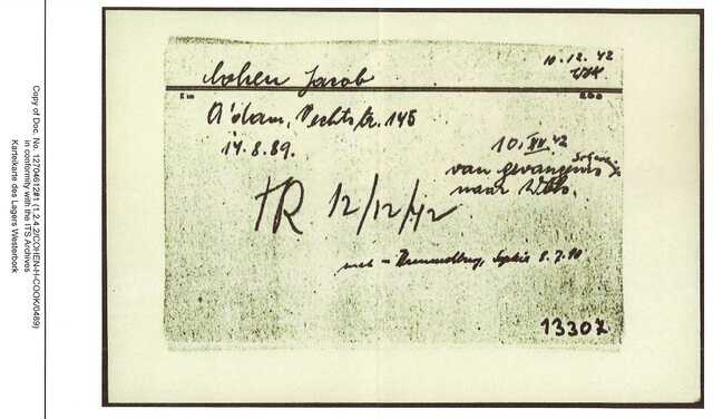 Inventaris kaart Kamp Westerbork van Jacob Cohen geboren 14-08-1889 op transport naar Auschwitz op 12-12-1942
