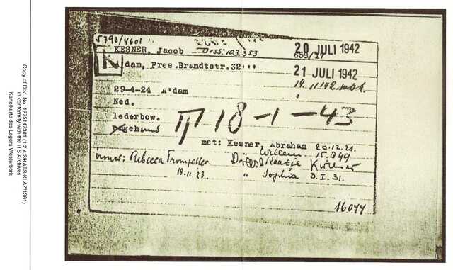 Inventaris kaart Kamp Westerbork van Jacob Kesner geboren 29-04-1924 op transport naar Auschwitz op 18-01-1943